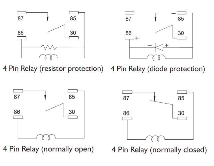4 pin relay schematics resistor diode protection normally open closed